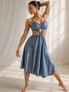 Kellé Dusty Blue Lyrical Dance Costume Rhinestone Cutout Dress Adult Small